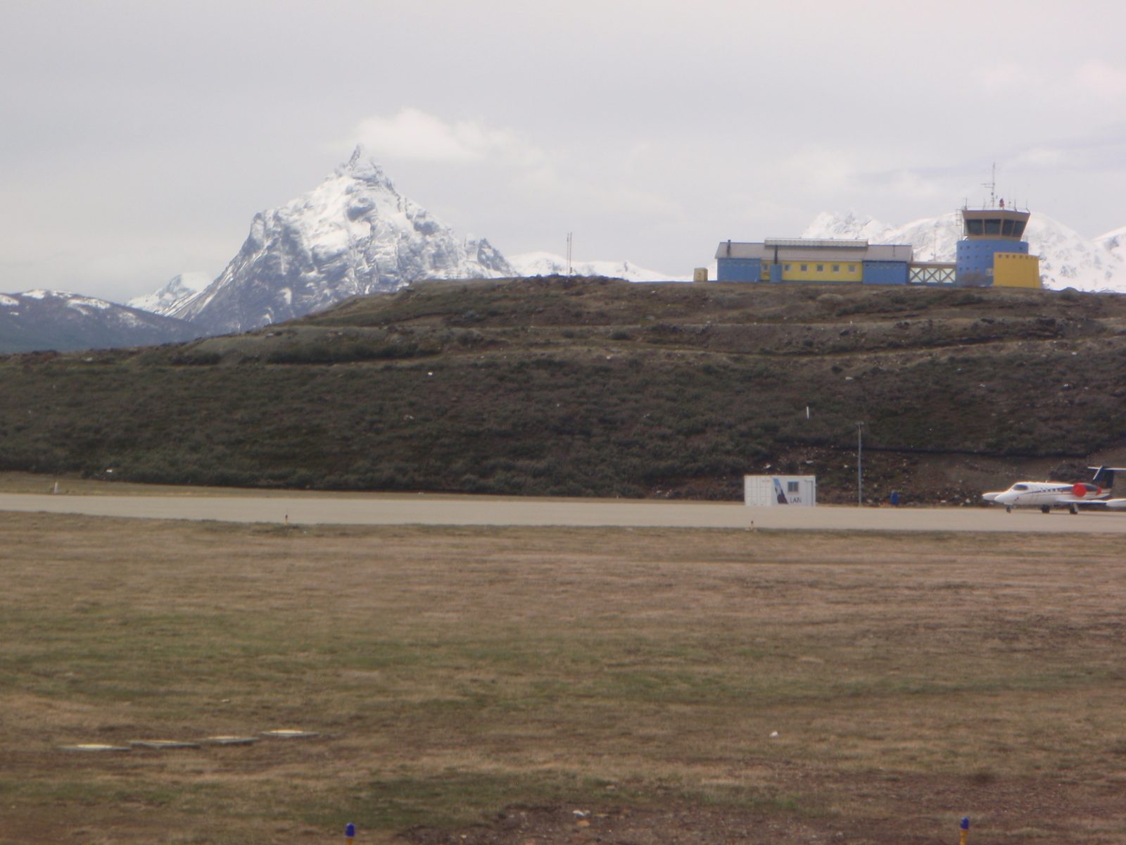 The Ushuaia (USH) airport with an impressive looking mountain in the background.