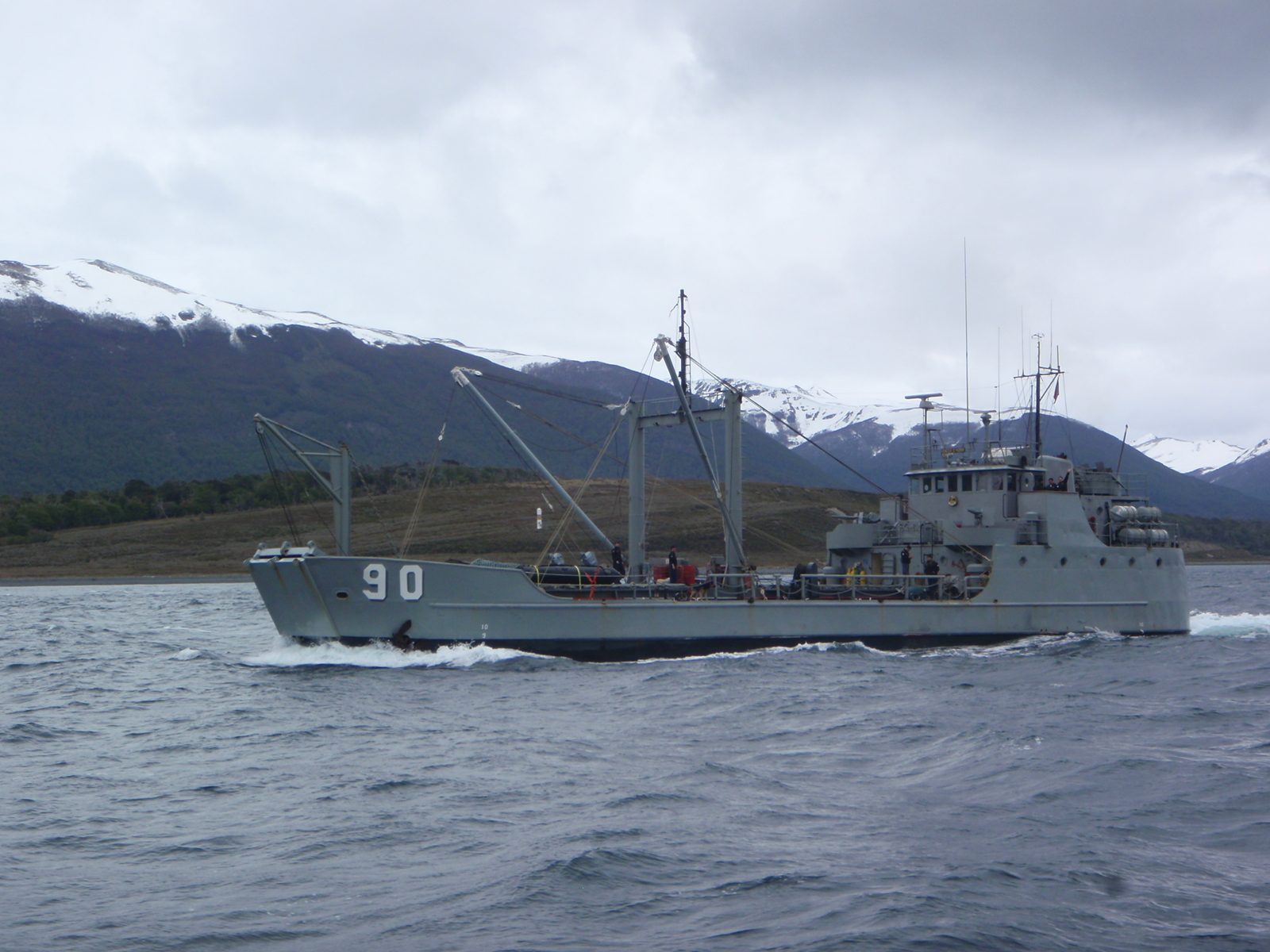 A Chilean naval ship. The land in the background is Chile, though it is south of us, which is...