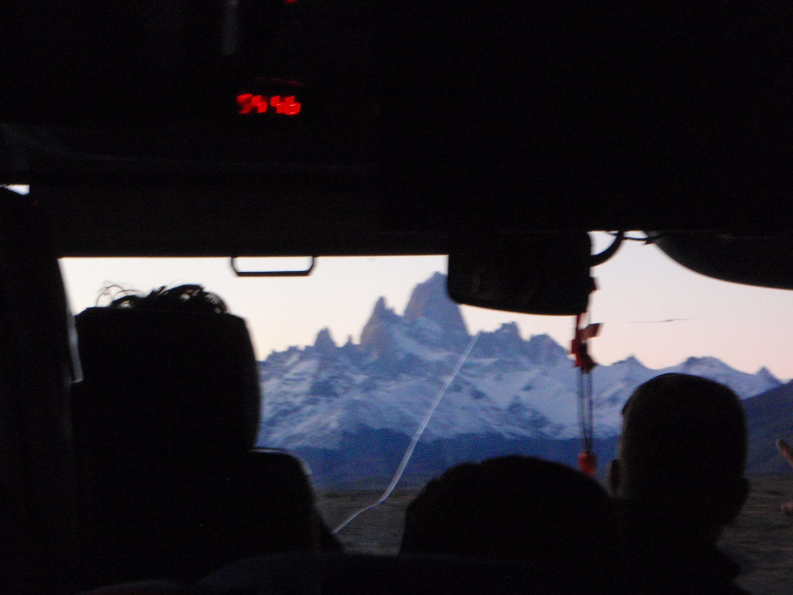 Looking out the front window of our shuttle bus as we get closer to El Chaltén.  Cerro Fitzroy...