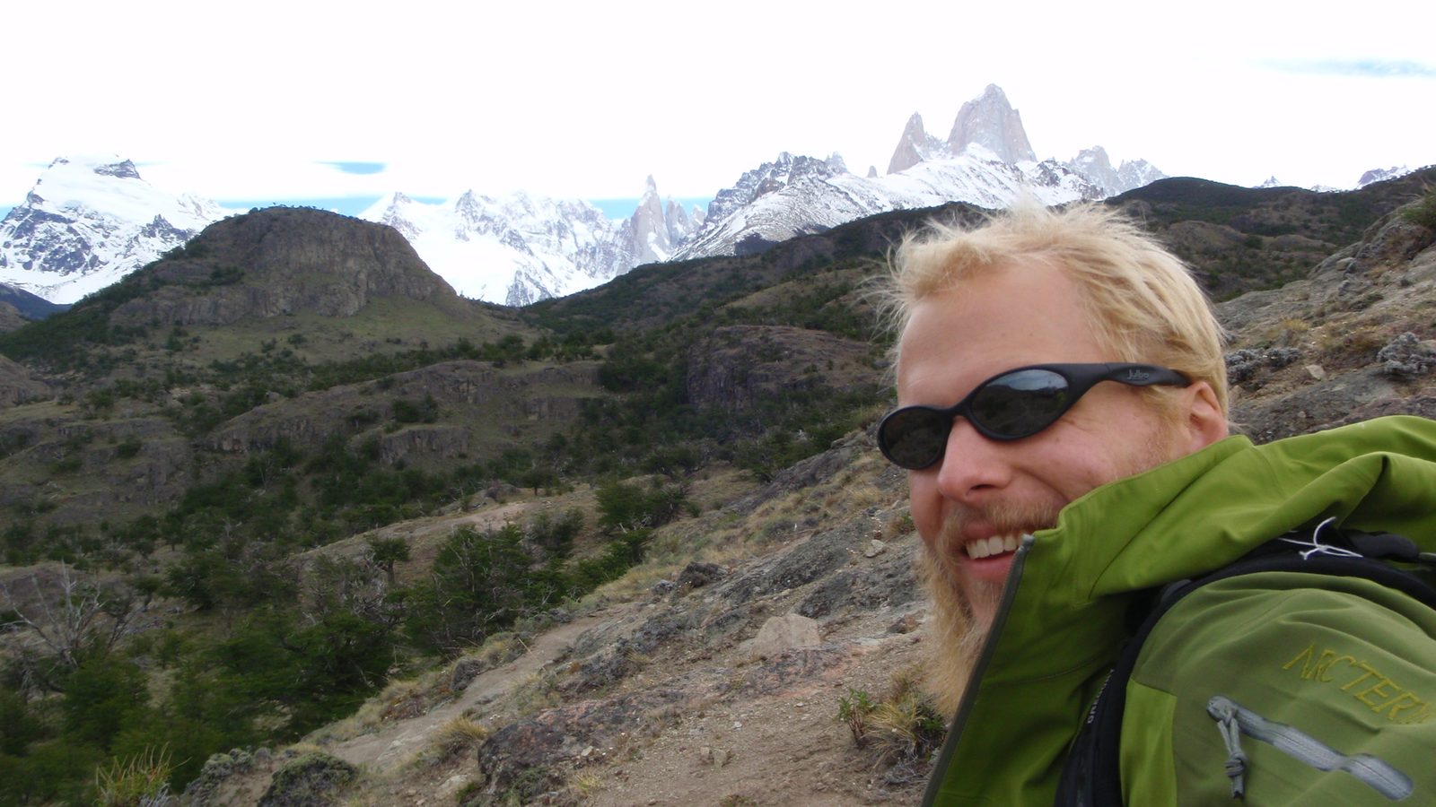 John with Cerro Torre and Cerro Fitzroy, self portrait.