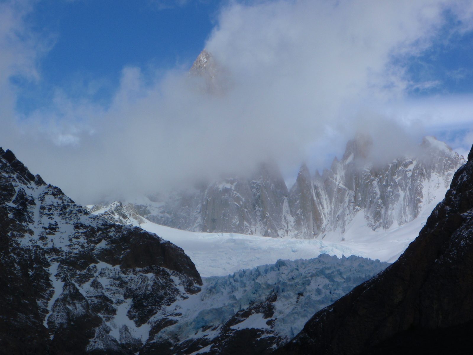 Starting to get our first views of Cerro Fitzroy, still mostly obscured by fog/cloud cover.