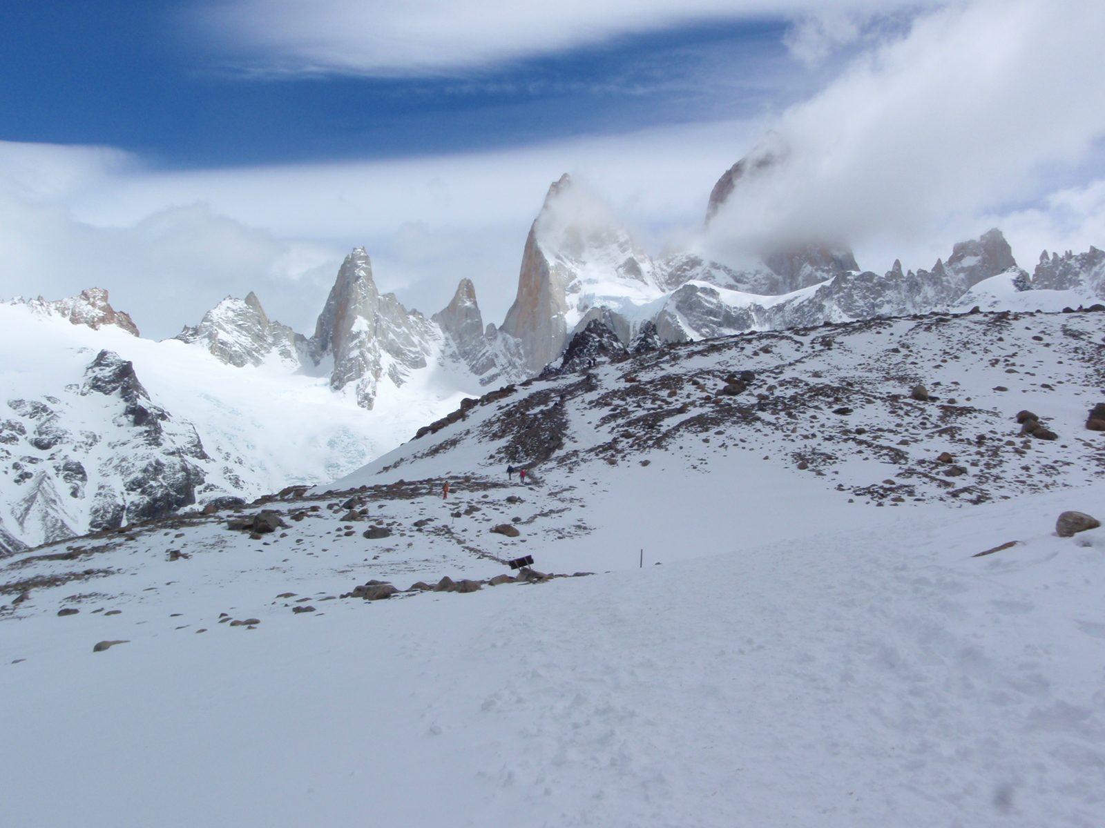 Getting close to the top!  Now the trail is totally covered in snow, and Los Tres reappear...