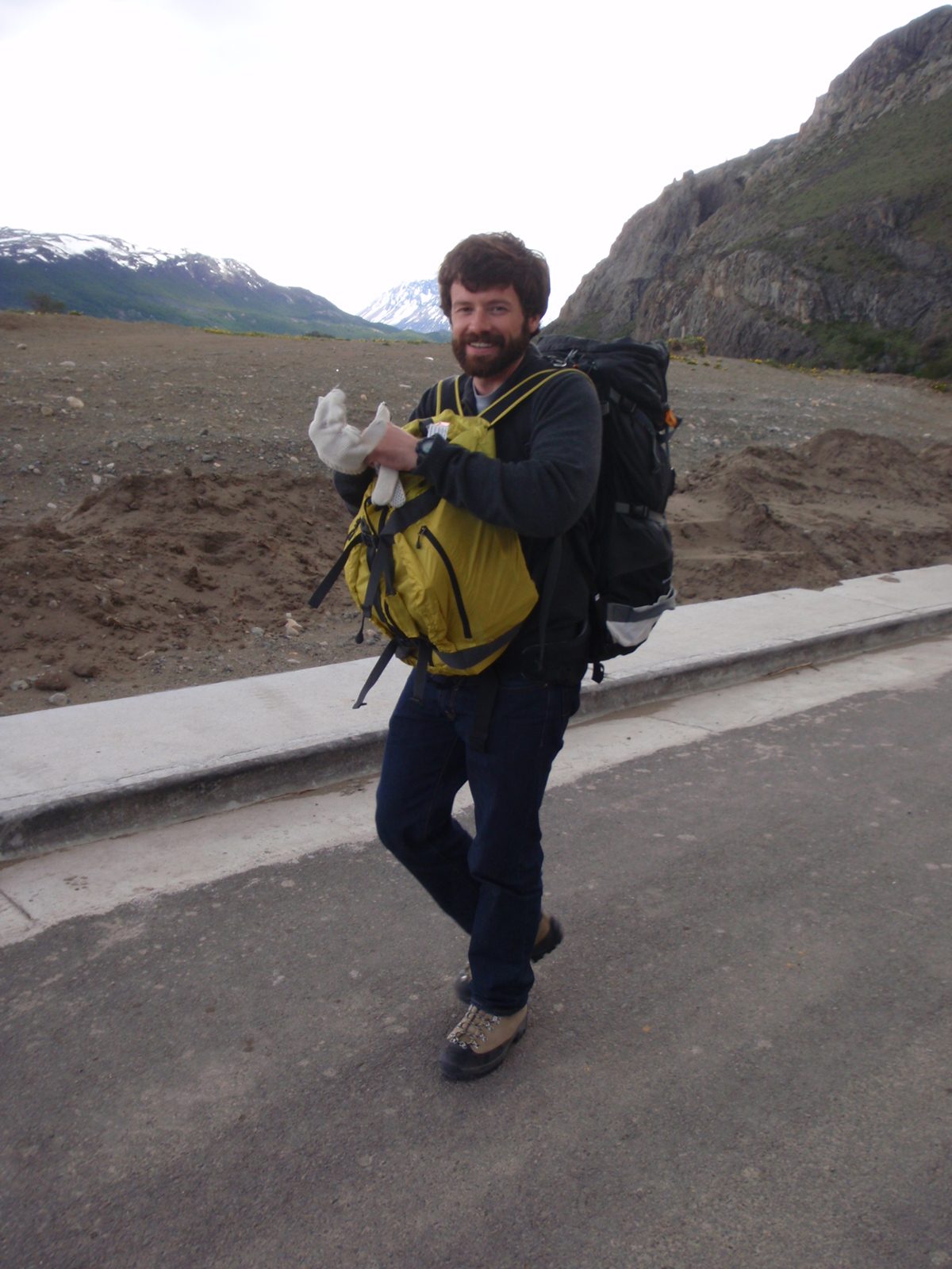 Schlepping our stuff to the bus terminal to catch a ride to El Calafate.