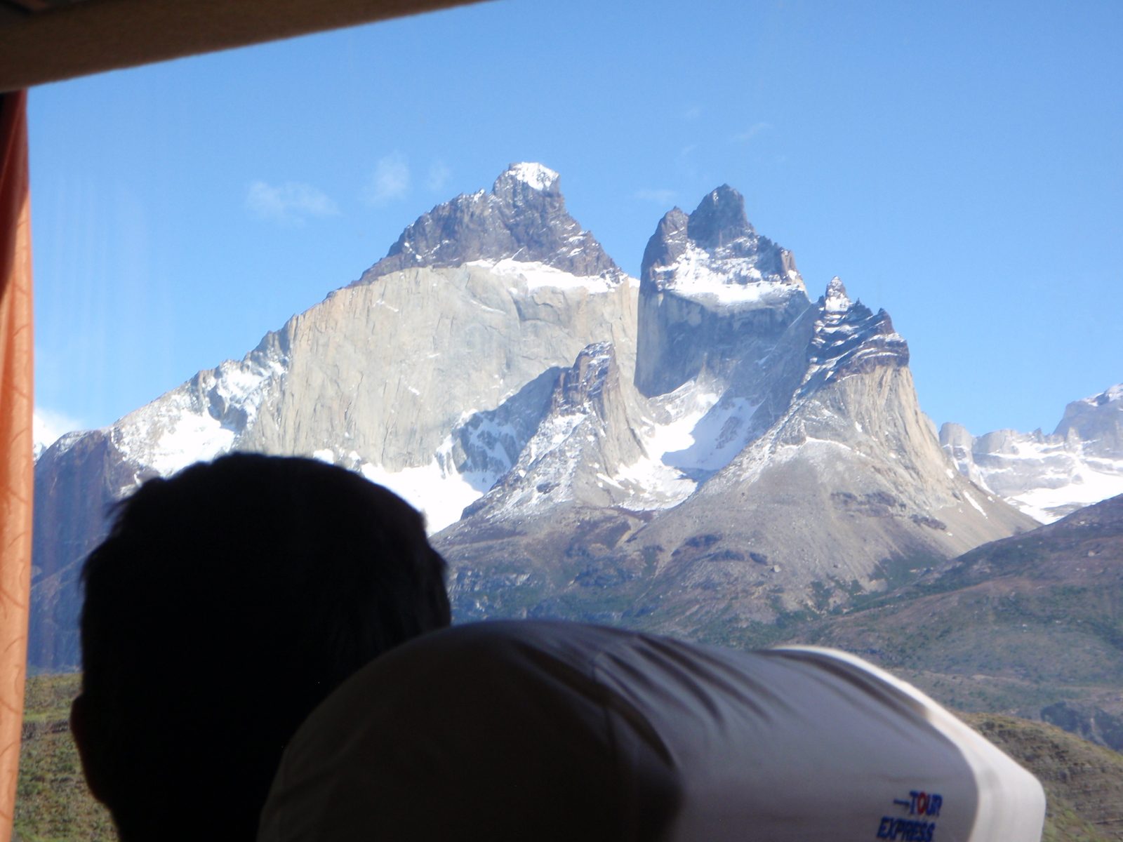Jay looks out on Cuernos del Paine, or "Horns of Paine" from the bus ride to our boat ride.