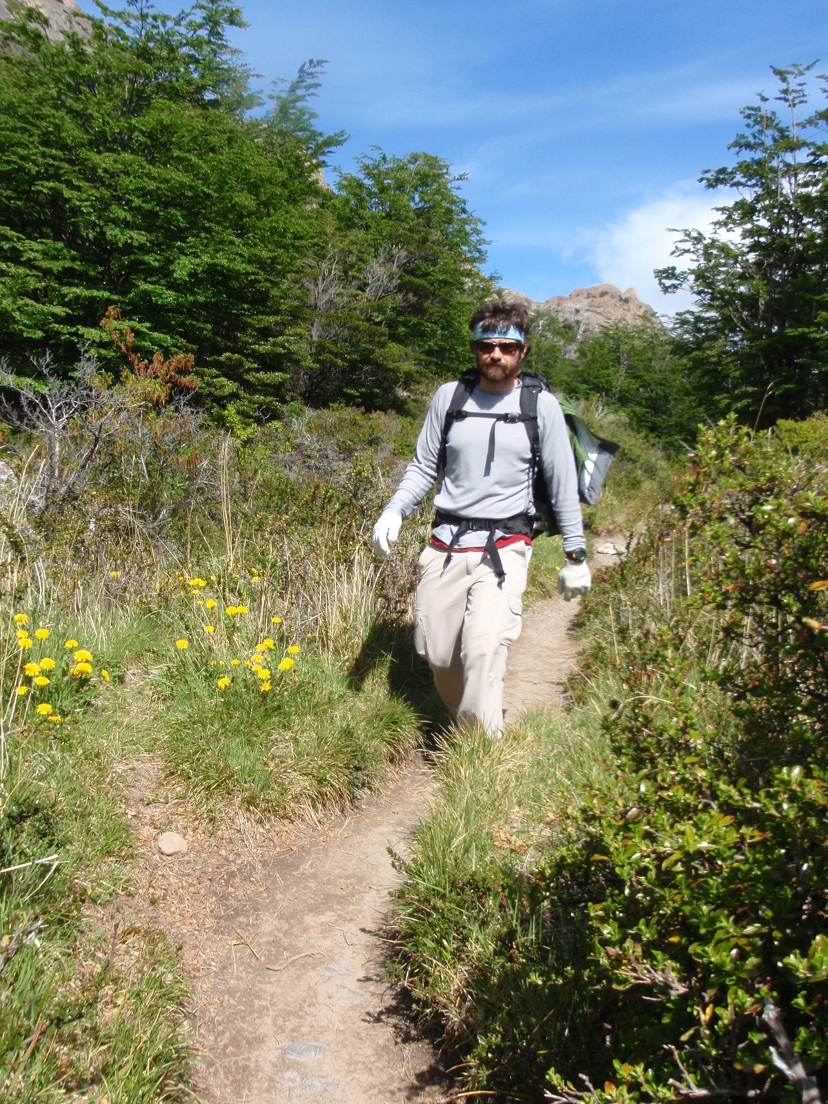 Jay hiking through some wildflowers.