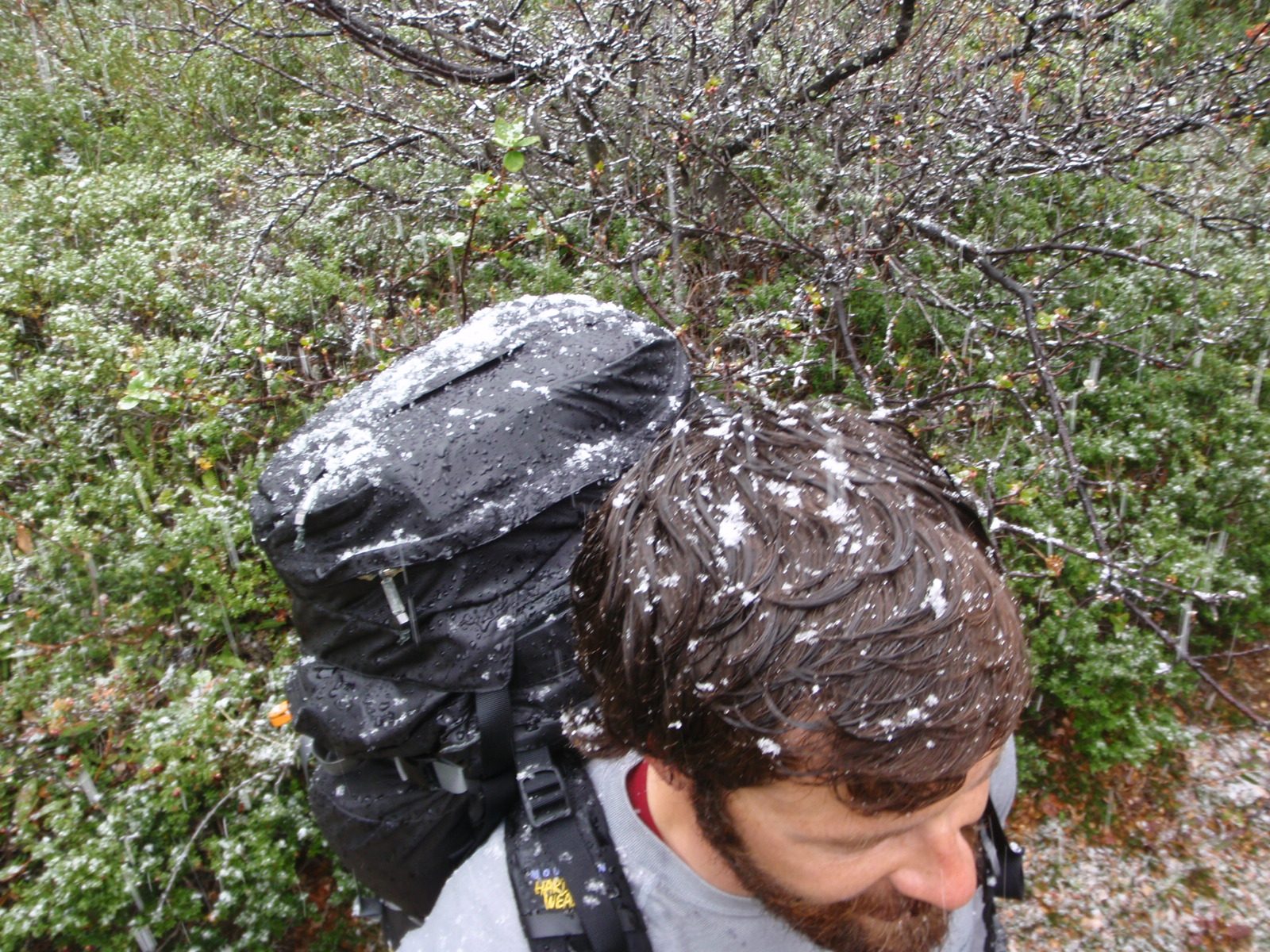 Jay collecting snow on his penguin color schemed backpack.