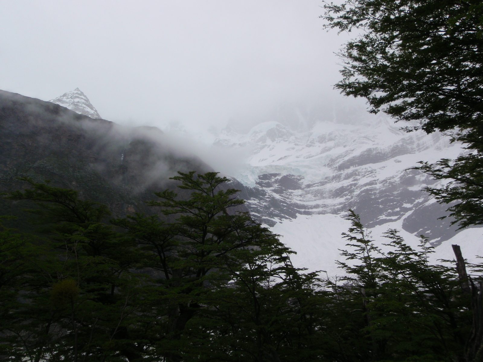 The fog clears a little bit allowing us to see the seracs and crevasses on the steep glacier face.