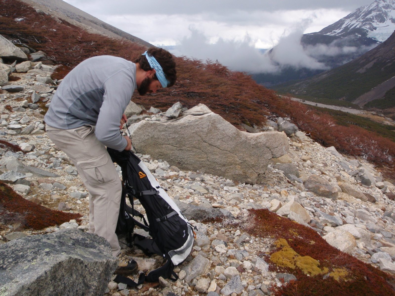 Jay packing up to head back down the hill.