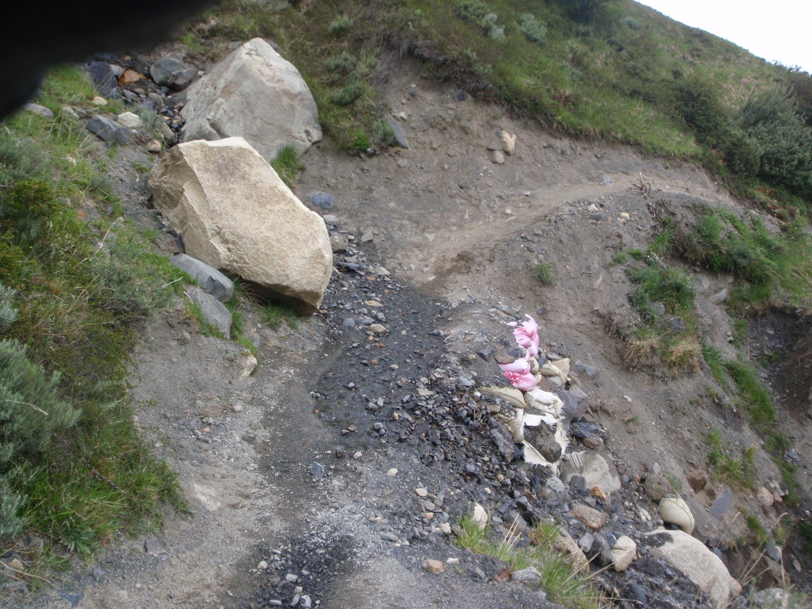 The trail here was held up by pink sandbags. It was very, very steep.