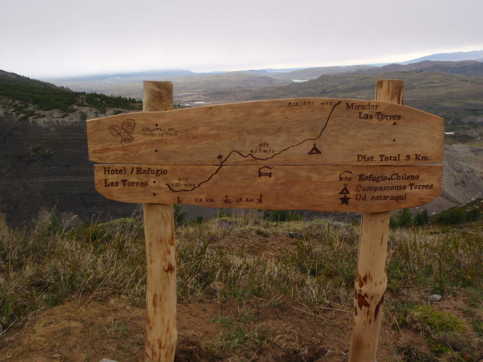 A cute sign showing our path down from our camp (near Mirador Las Torres) down to Hotel /...