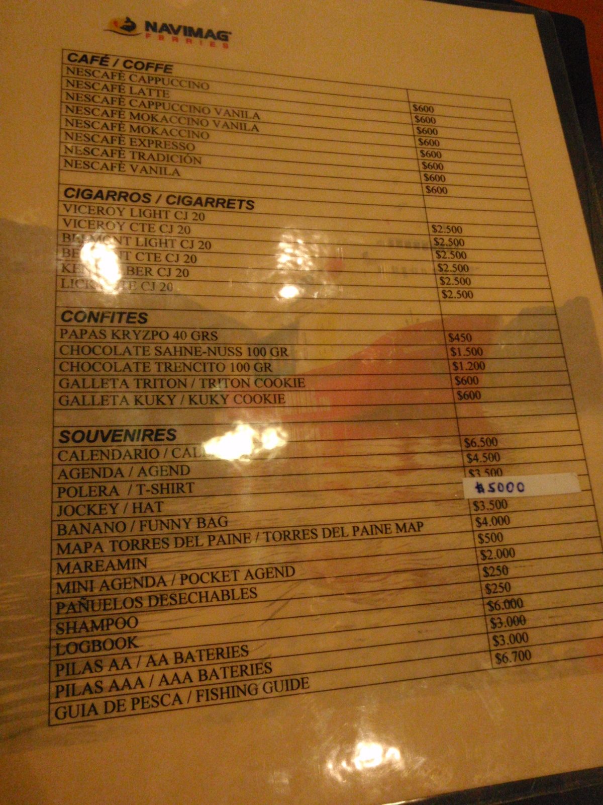 Bar menu on board.