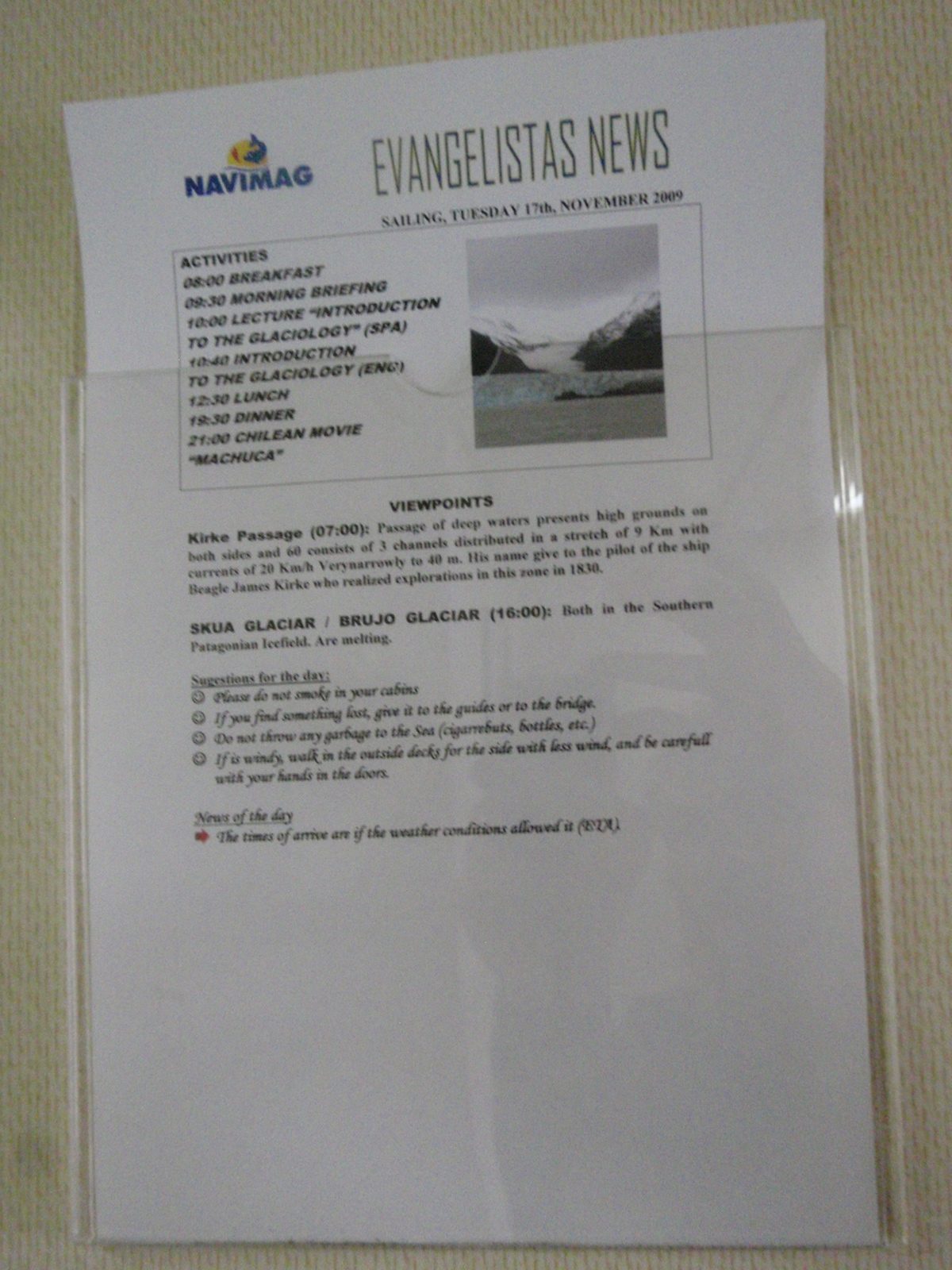 List of activities for the day (in English).