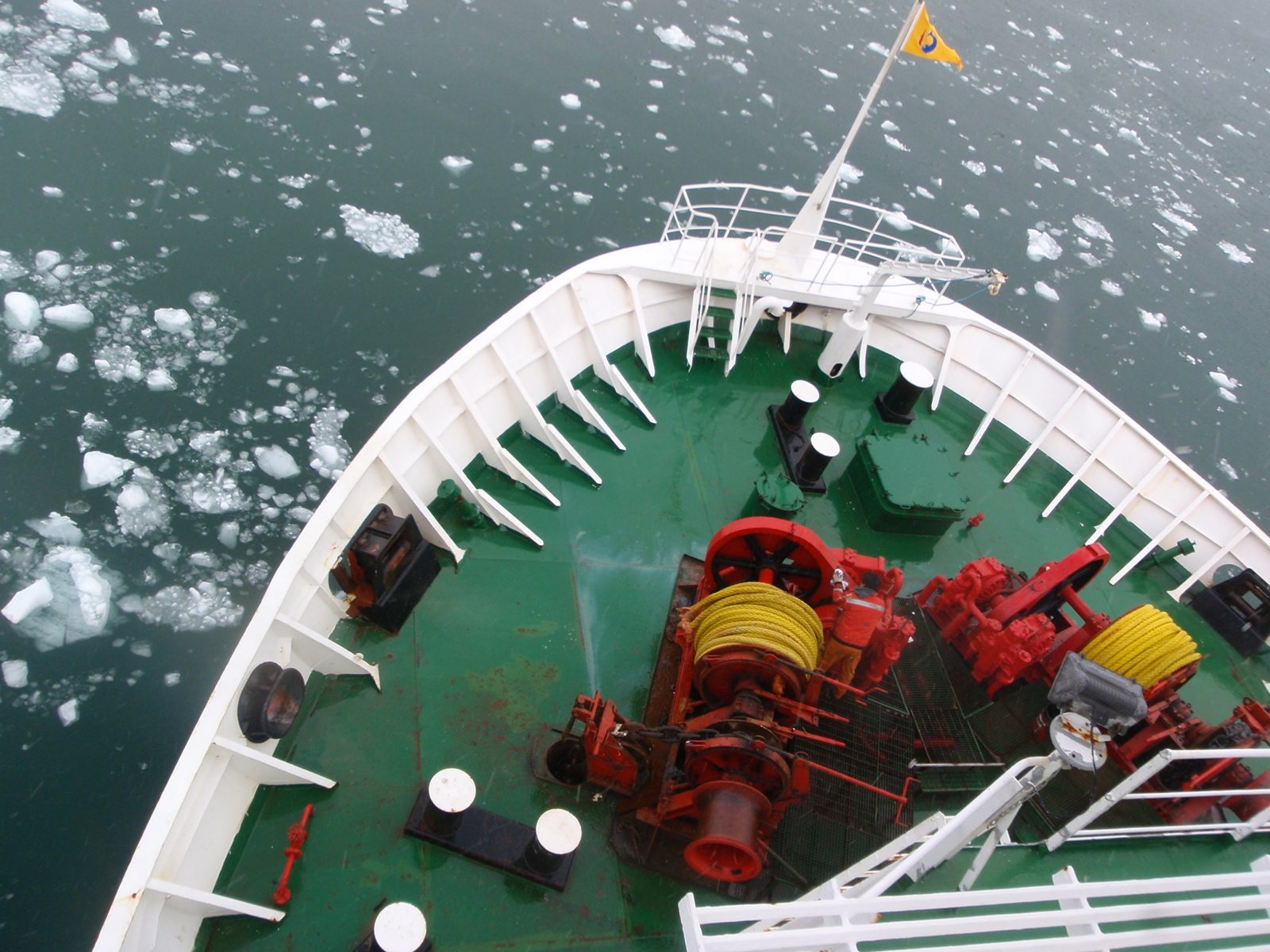 Sailing through lots of icebergs.
