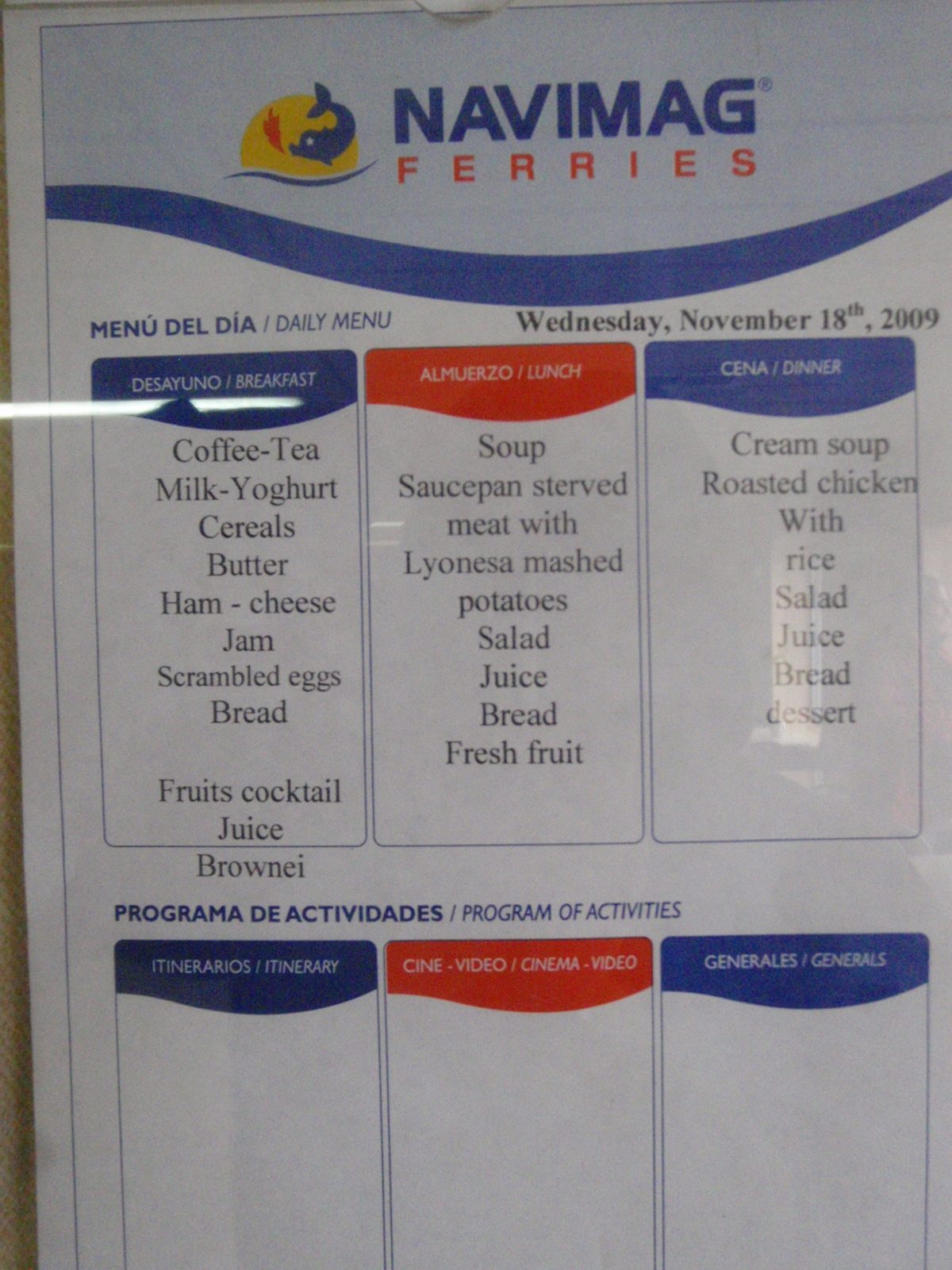 Meal plan for the day.