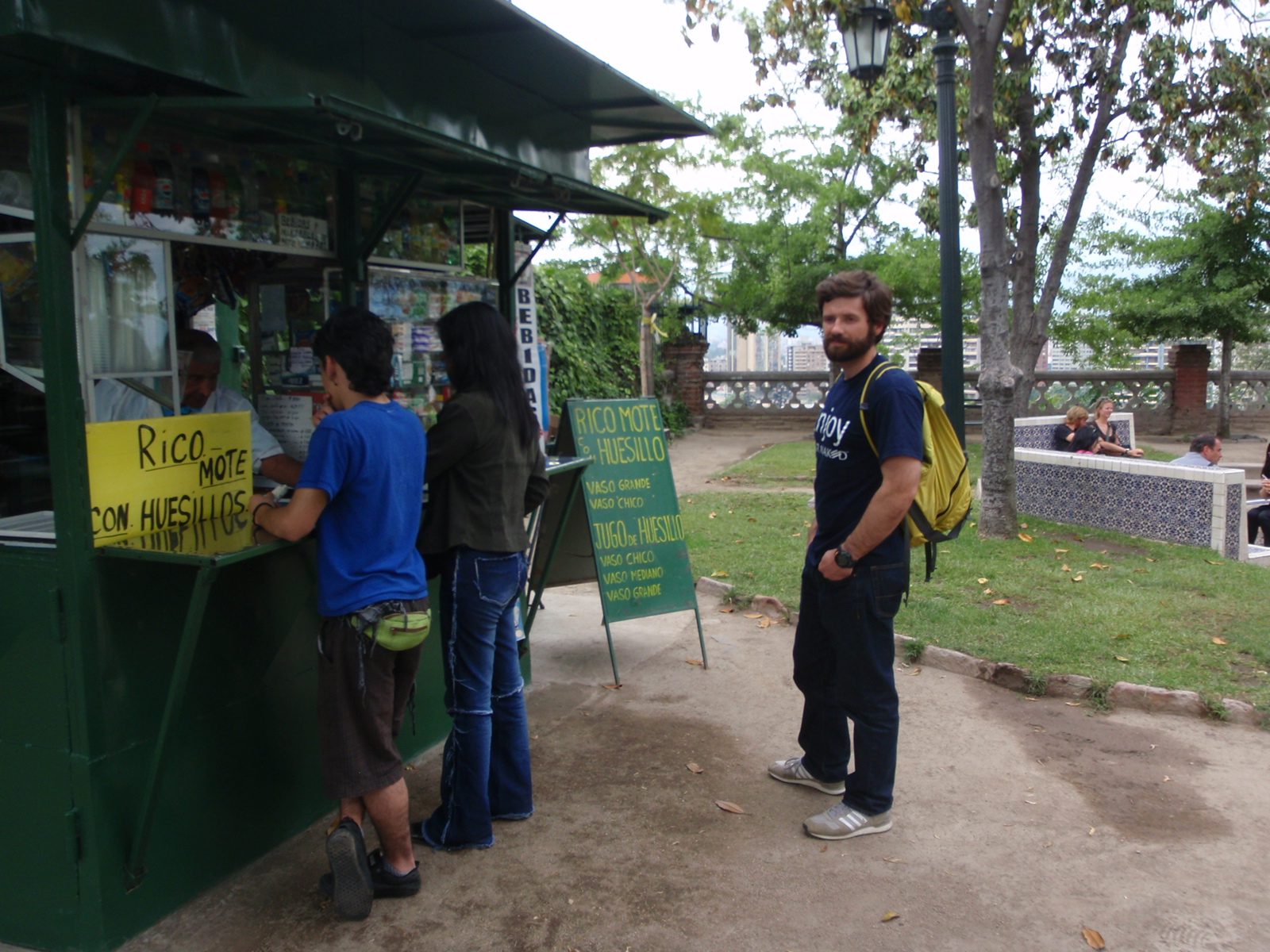 Jay stands in line for a drink. I don't think he got the rico mote con huesillos prominently...