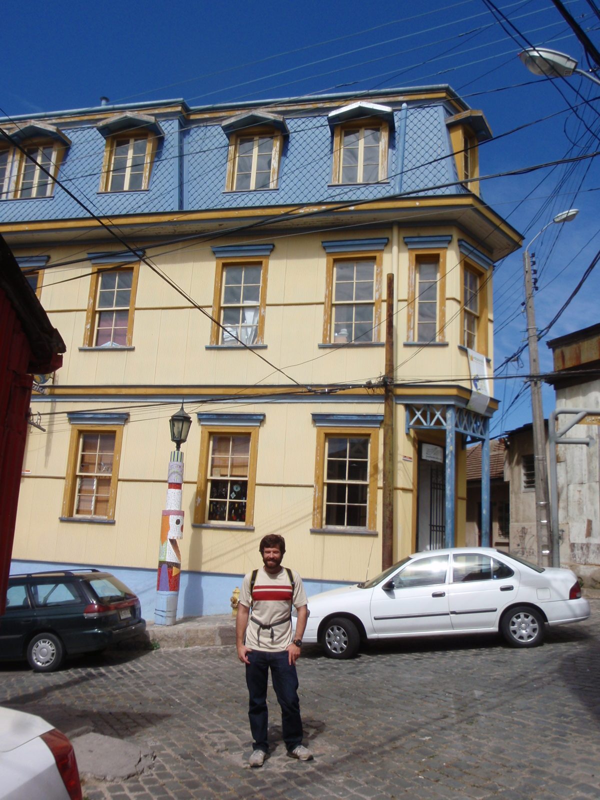 Jay and a hotel with an interesting exterior.