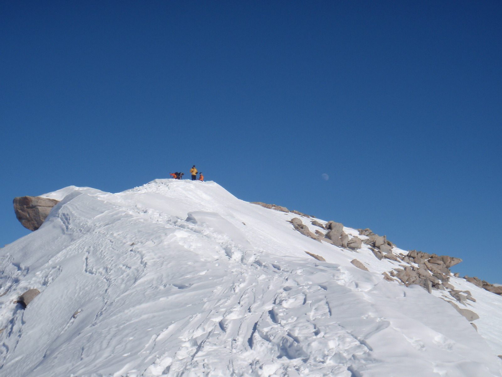Walter and a few others at the top of Skier's Alta with the moon visible at right. Roughly 11,300 ft.