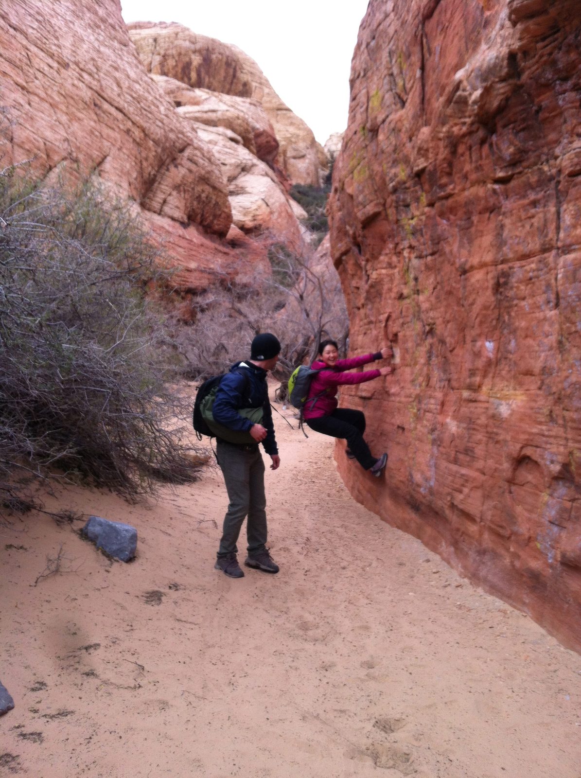 Monica and Alex, goofing around on a side canyon near Sandstone Quarry in the Calico Basin area.