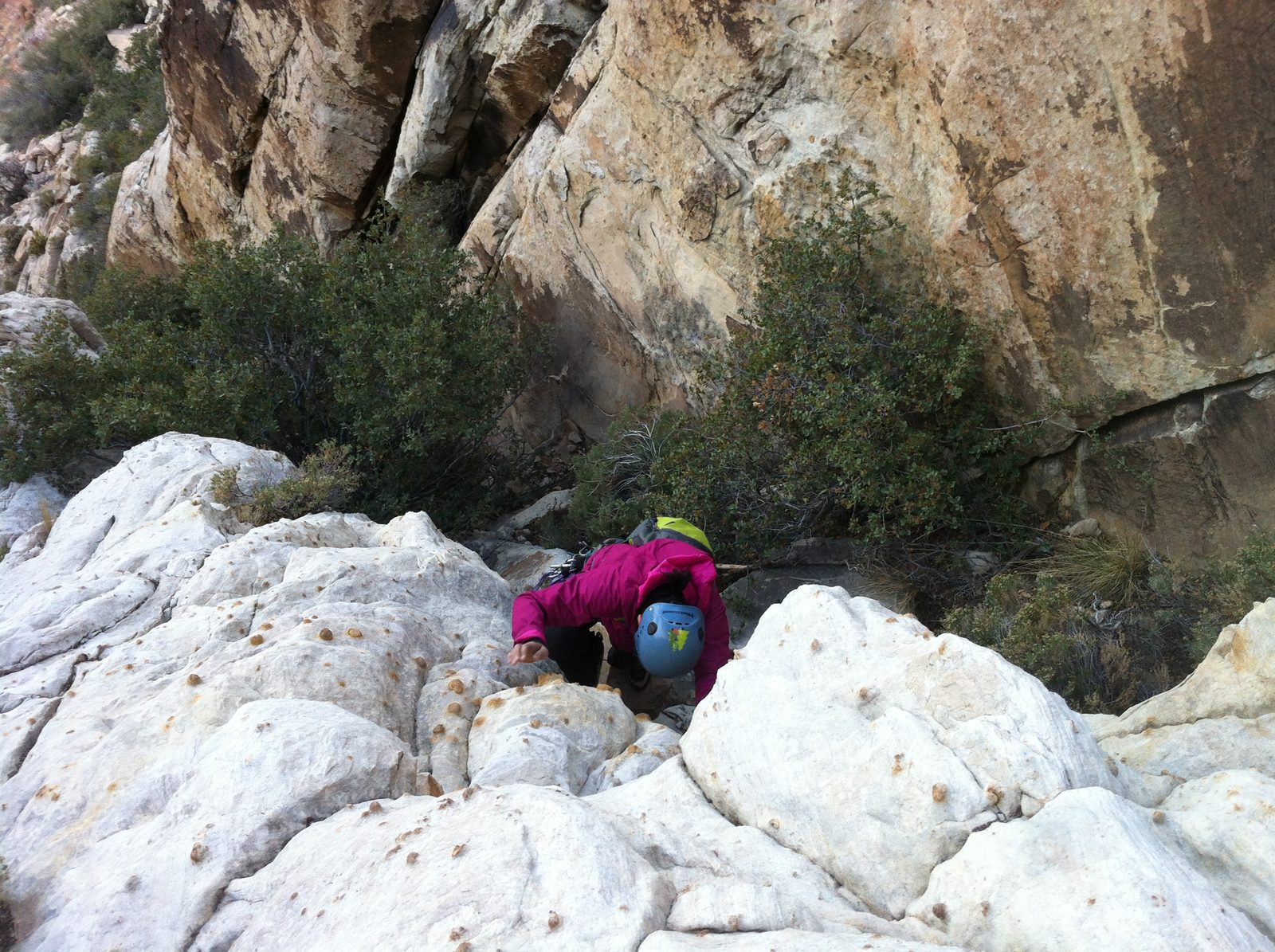 Monica climbing down carefully over a section of rock that looks like it has chicken pox.