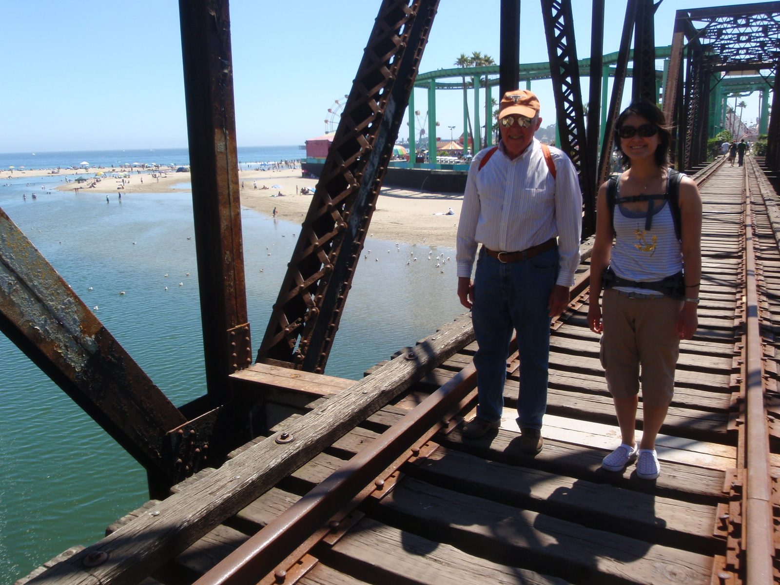 Walking across the bridge.