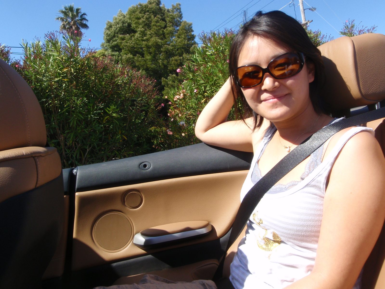 Monica hanging out in the BMW during Mom's tour of UC Santa Cruz, home of the Banana Slug.