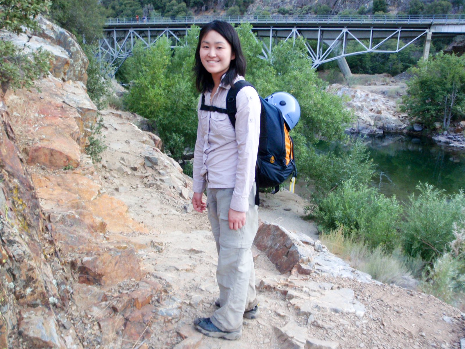 Monica, at the Johnsondale Bridge, where our car shuttle was parked.  Joel and Catherine are...