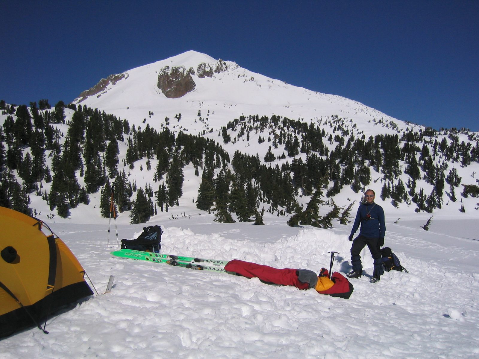 The man and the mountain.  Niels readies his gear for the quick trip downward on Sunday afternoon.