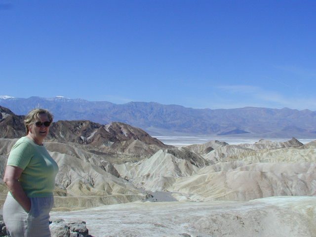 Mom in Death Valley.  In the distant background is snow-capped Telescope Peak, from whose summit...