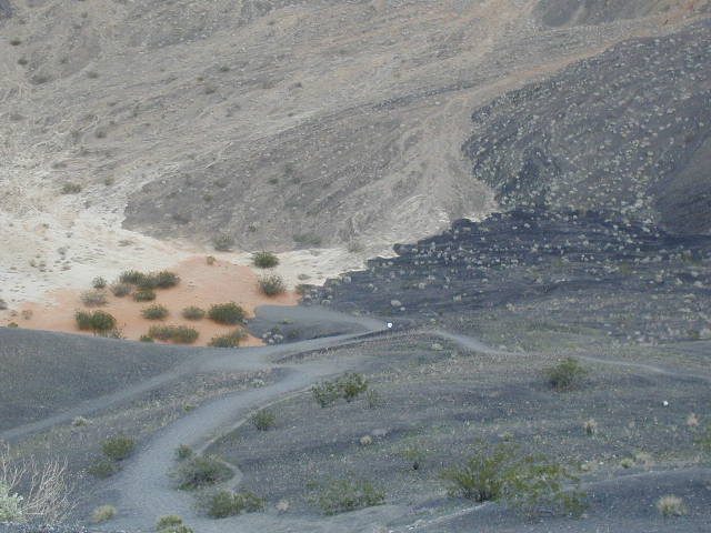 The white speck is John at the bottom of the Ubehebe Crater in Death Valley National Park.
