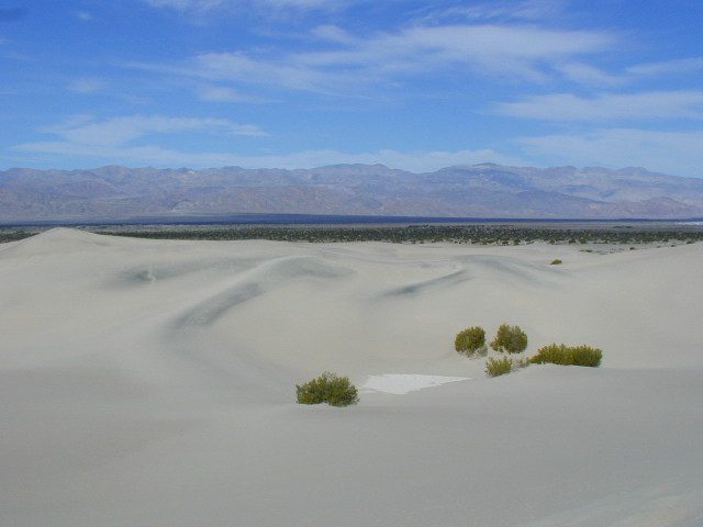View southwest from the top of a large sand dune.  No, that's not a lake, I think it's just the...