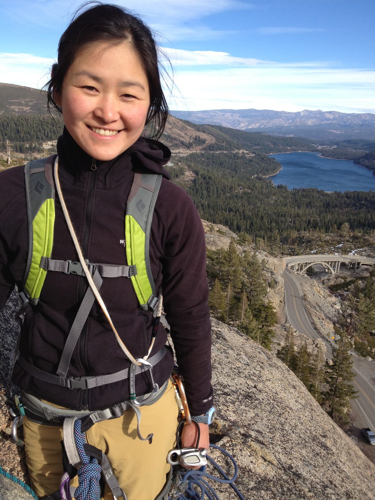 Monica at the top of pitch 2 of "Junior High" (5.6) on School Rock near Donner Summit, Lake...