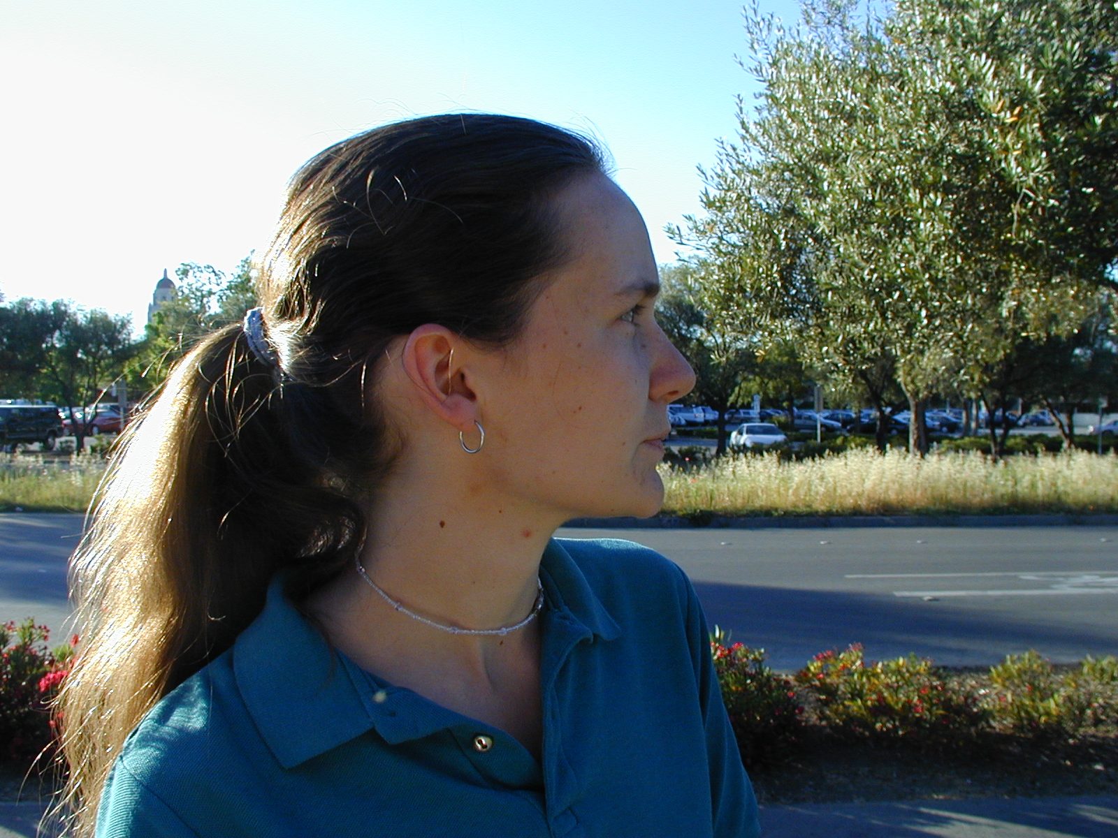 Rachel, with John going to watch the solar eclipse.  Hoover Tower visible in the background.