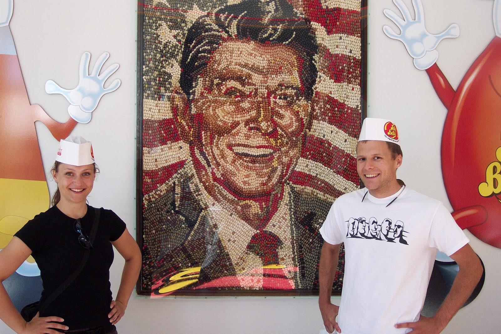 Tini and John and the portrait of the 40th President of the United States, made from jelly beans.