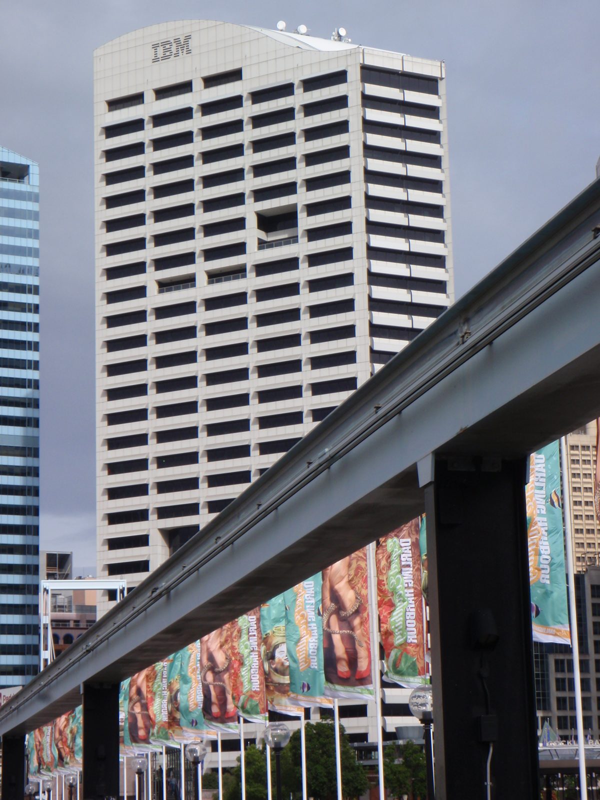 The IBM building in downtown Sydney, as viewed from the Pyrmont Bridge. 