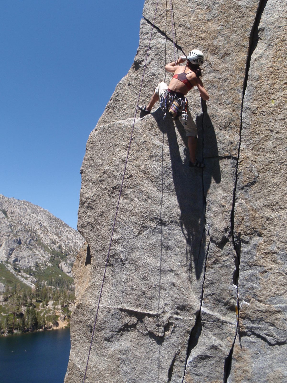 Using a heel hook to get up on the ledge.