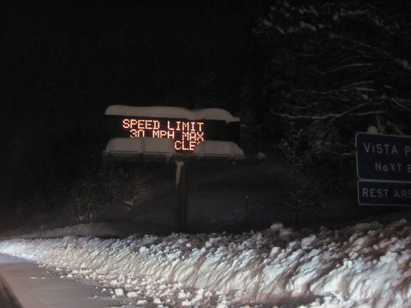 I wish we were going 30 mph. Monica said the snow piling up on the sign reminded her of the...