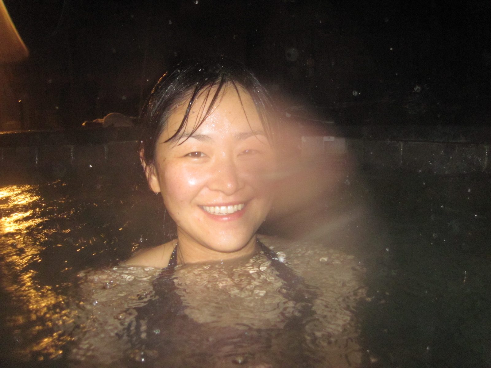 Snowing in the hot tub.