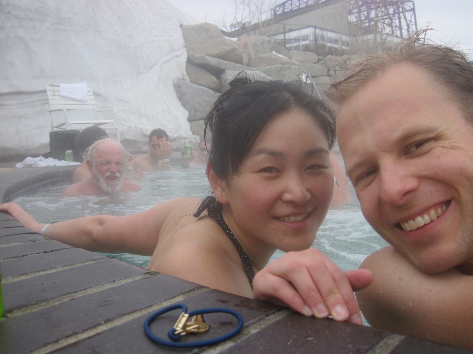 Hanging out in the 22-foot diameter hot tub at High Camp at Squaw Valley USA, at 8,200 feet...