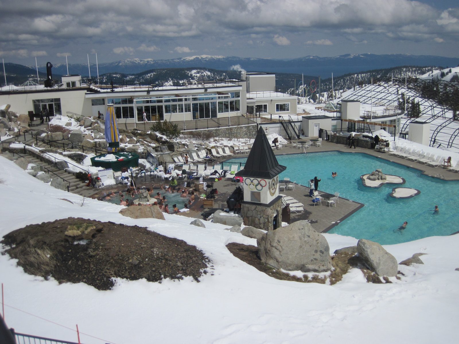 The hot tub and pool at High Camp, right after the lifts closed for the season. Lake Tahoe is...