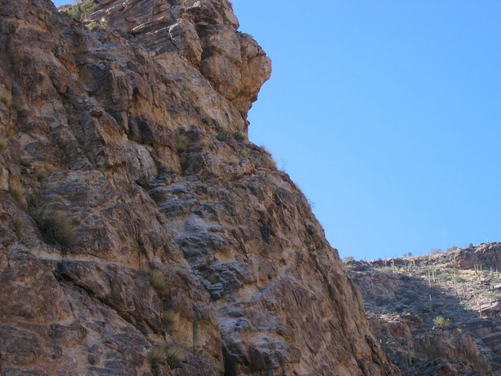 Where's Waldo, rock climbing style:  Hunt for John in grey pants, and brown and yellow shirts....