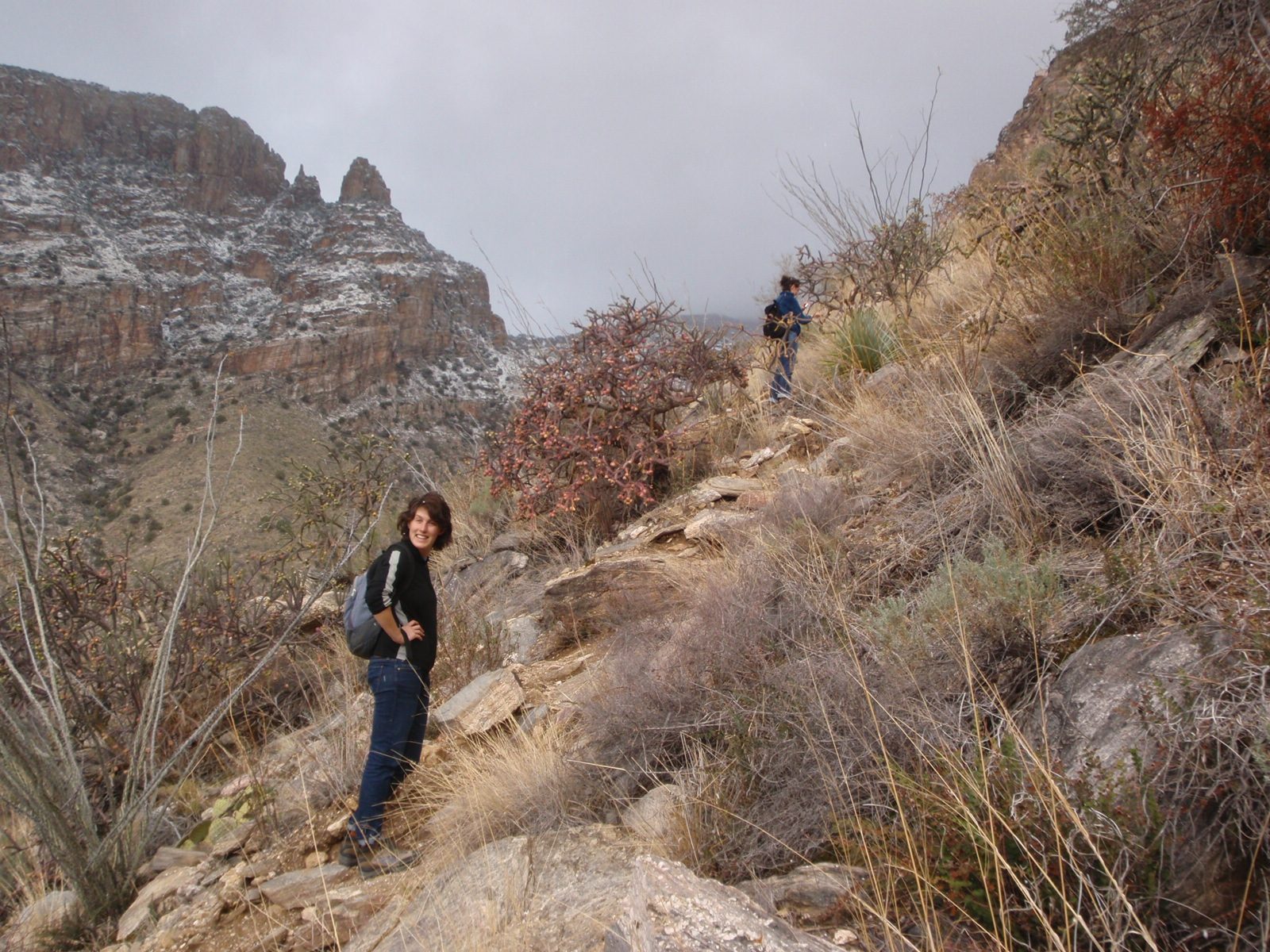 Emily, hiking despite some light hail/snow.