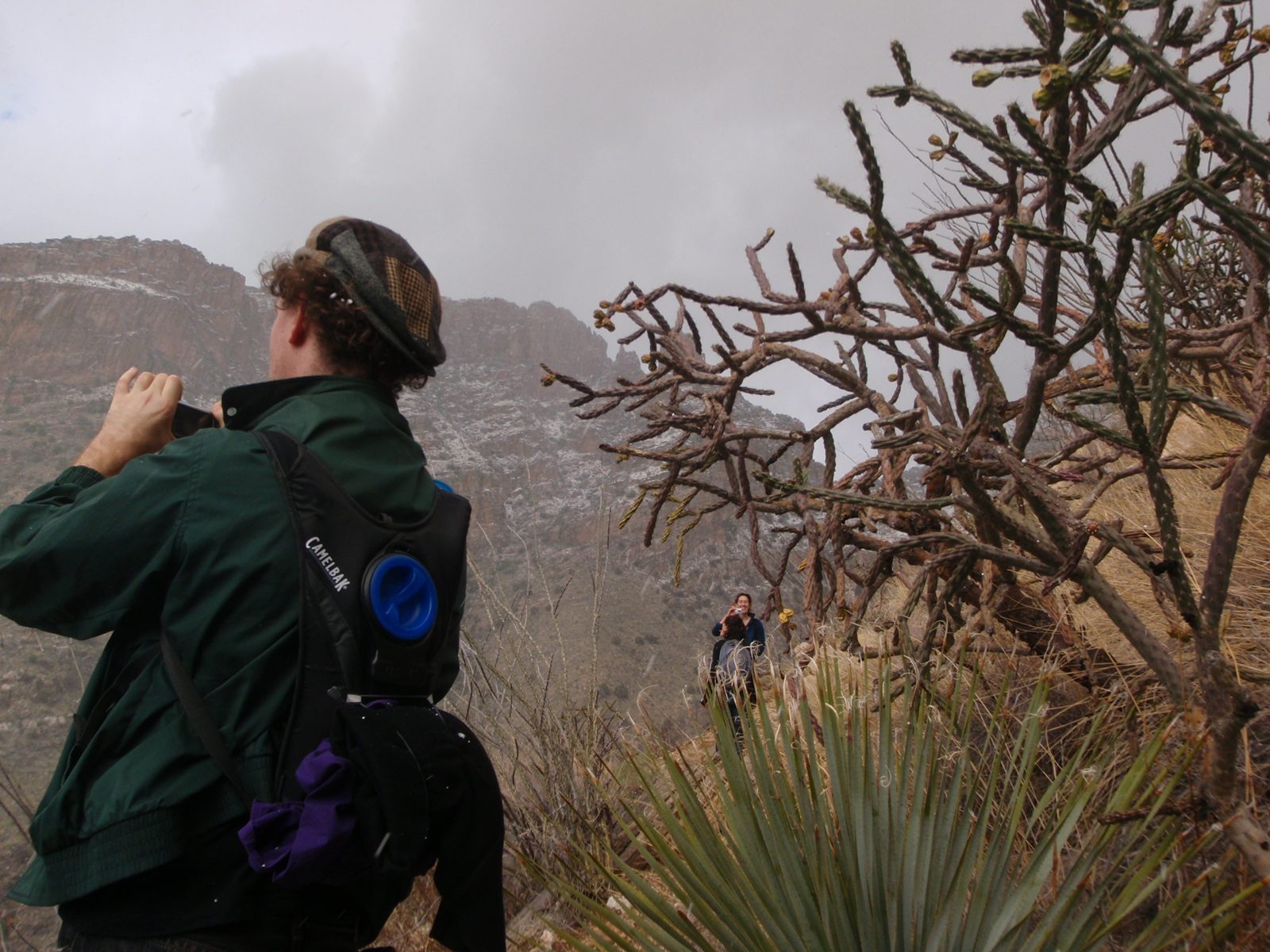 Peter with snow in his hair and some sort of cholla and an agave.