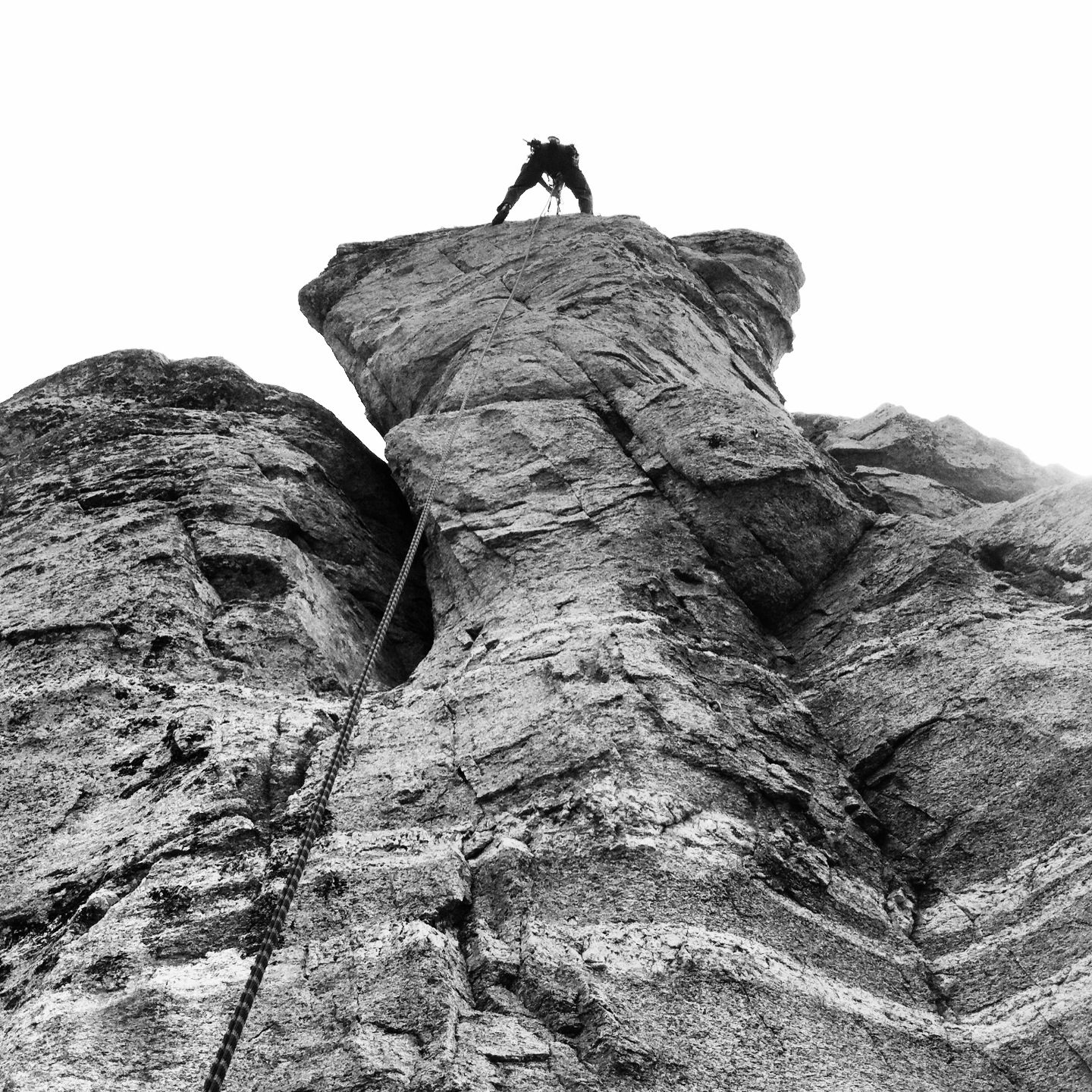 Ian on rappel from Swim Fin. Next we pulled the rope and climbed more or less the route shown,...