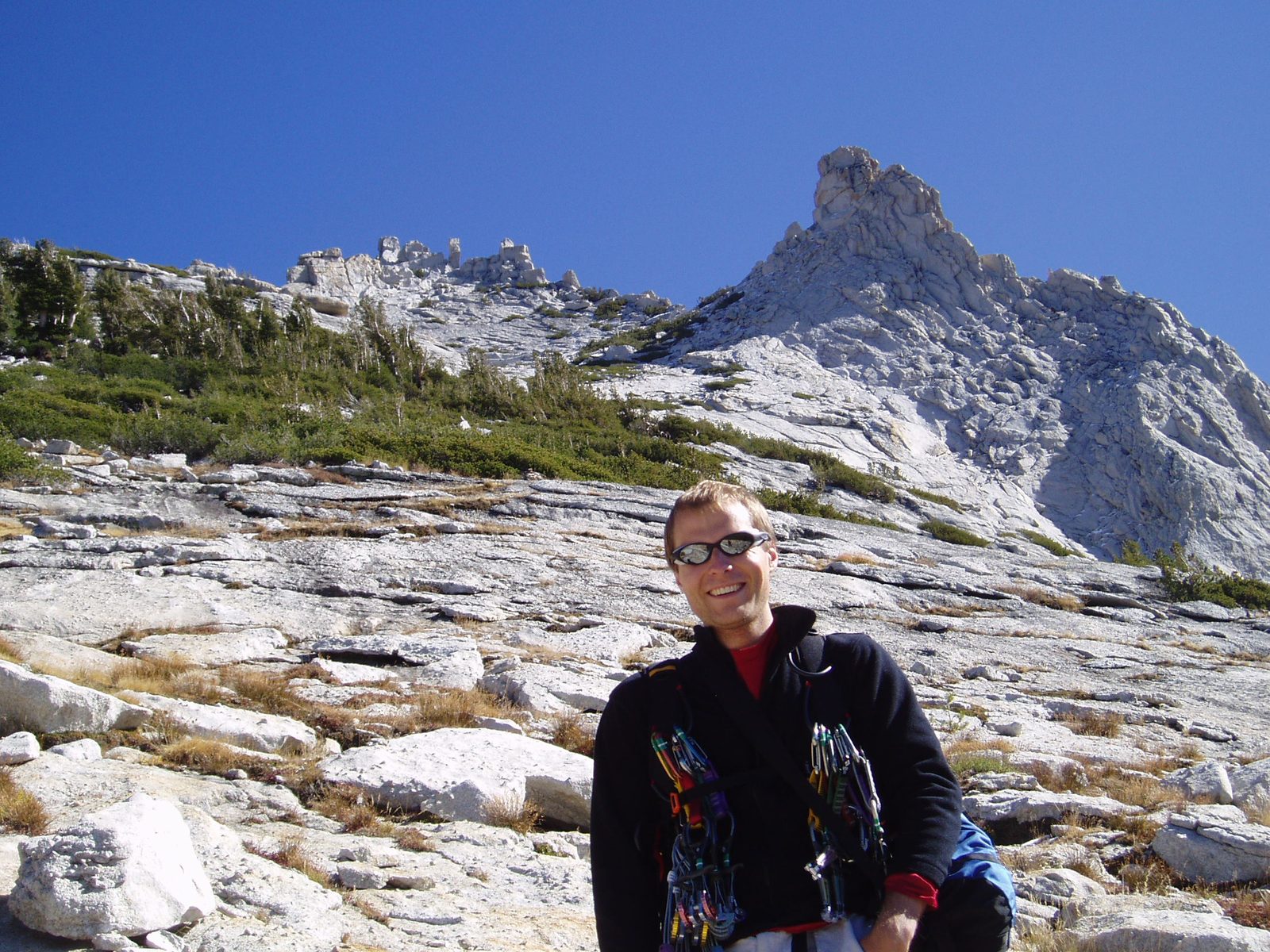 John with Eichorn's Pinnacle (right) and Cathedral Peak (left) in the background.