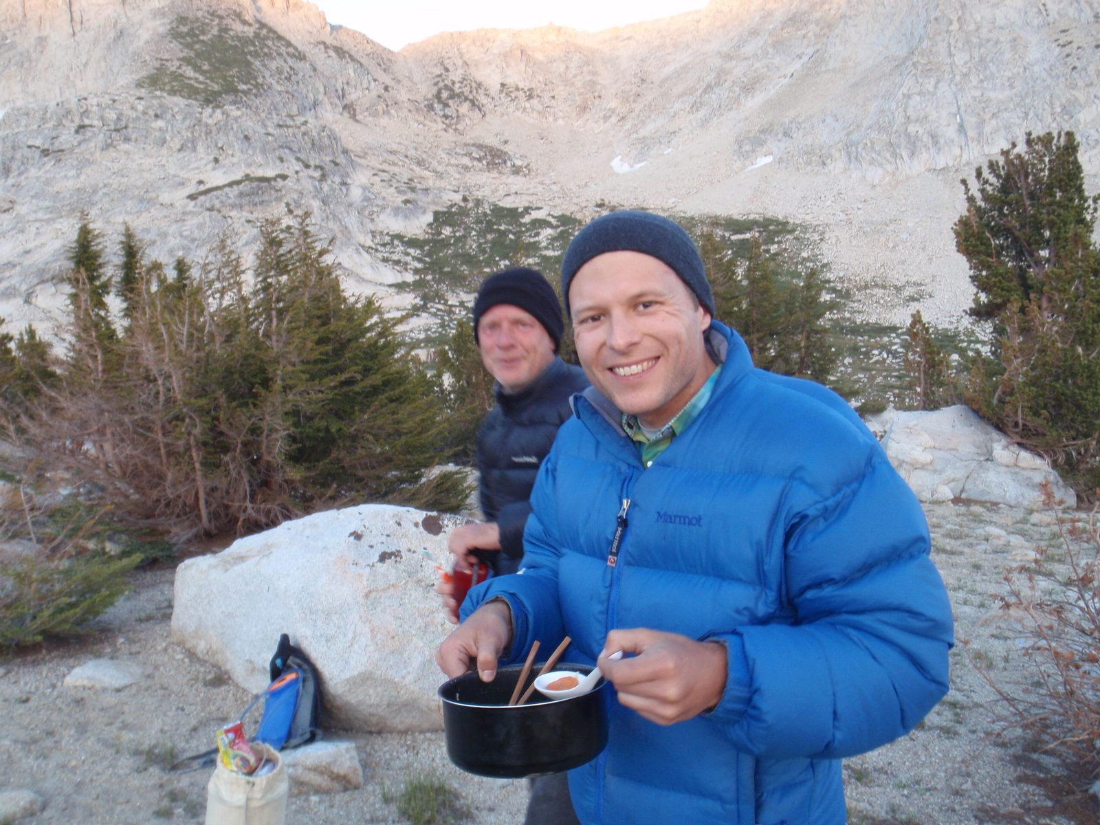 Eating dinner in camp on Sunday night.