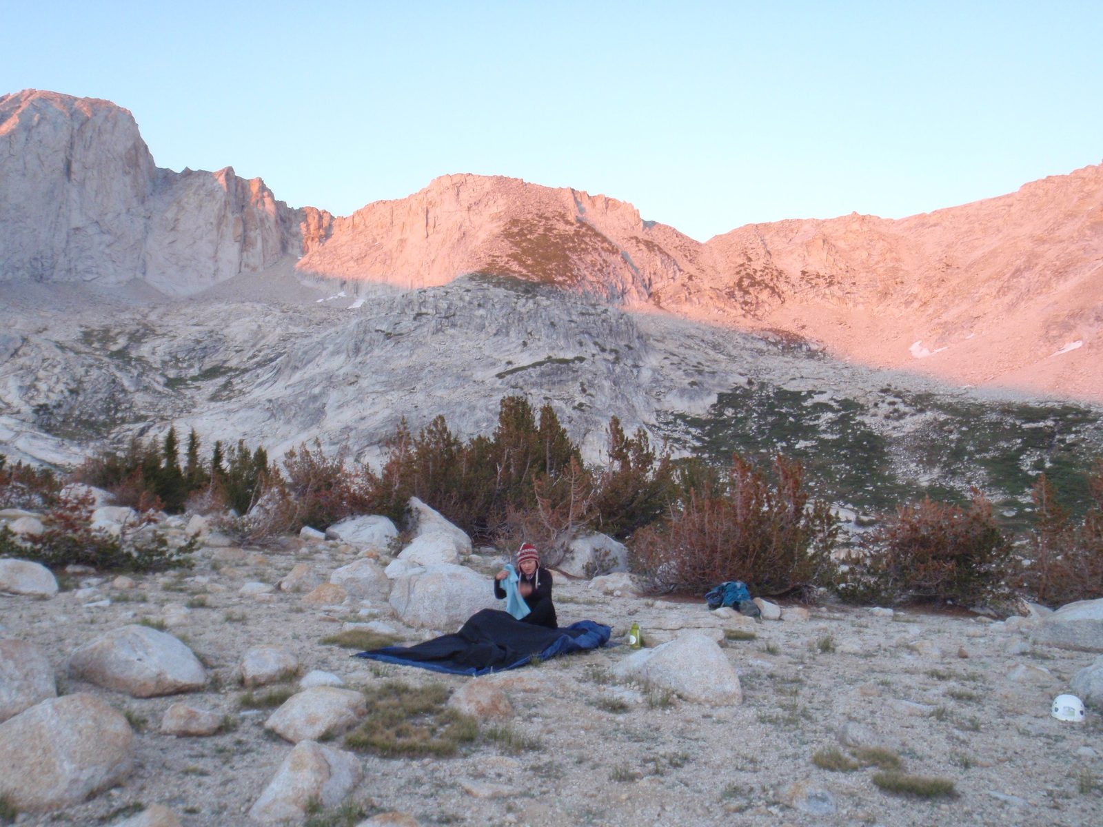 Monica gets ready to go to sleep in preparation for our alpine start in the morning.