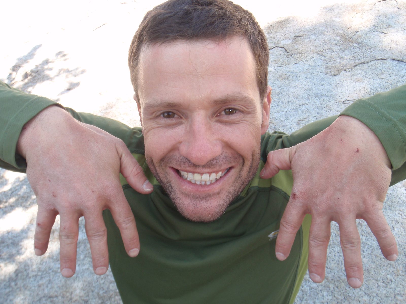 Jay, showing off his crack-scarred hands. Looks like he's been playing with snakes or rats.