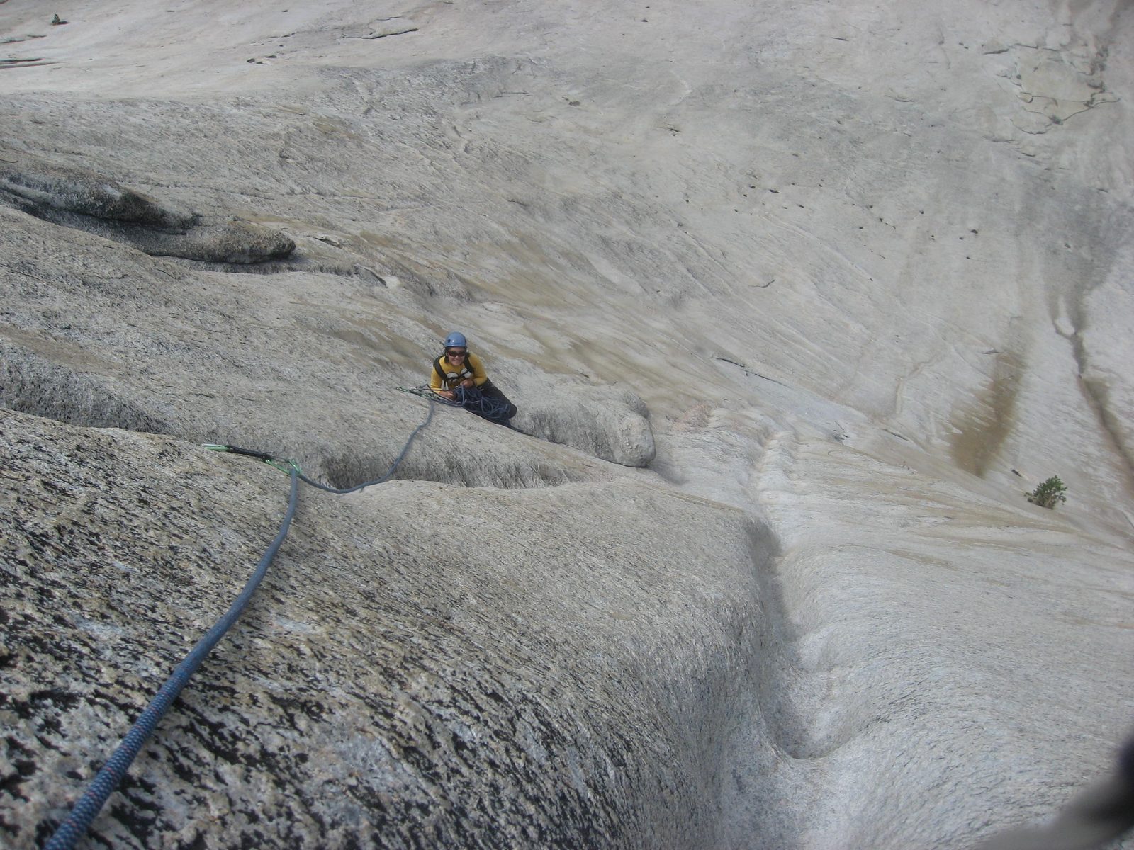 Monica belaying as I climb the second pitch of Left Water Crack.