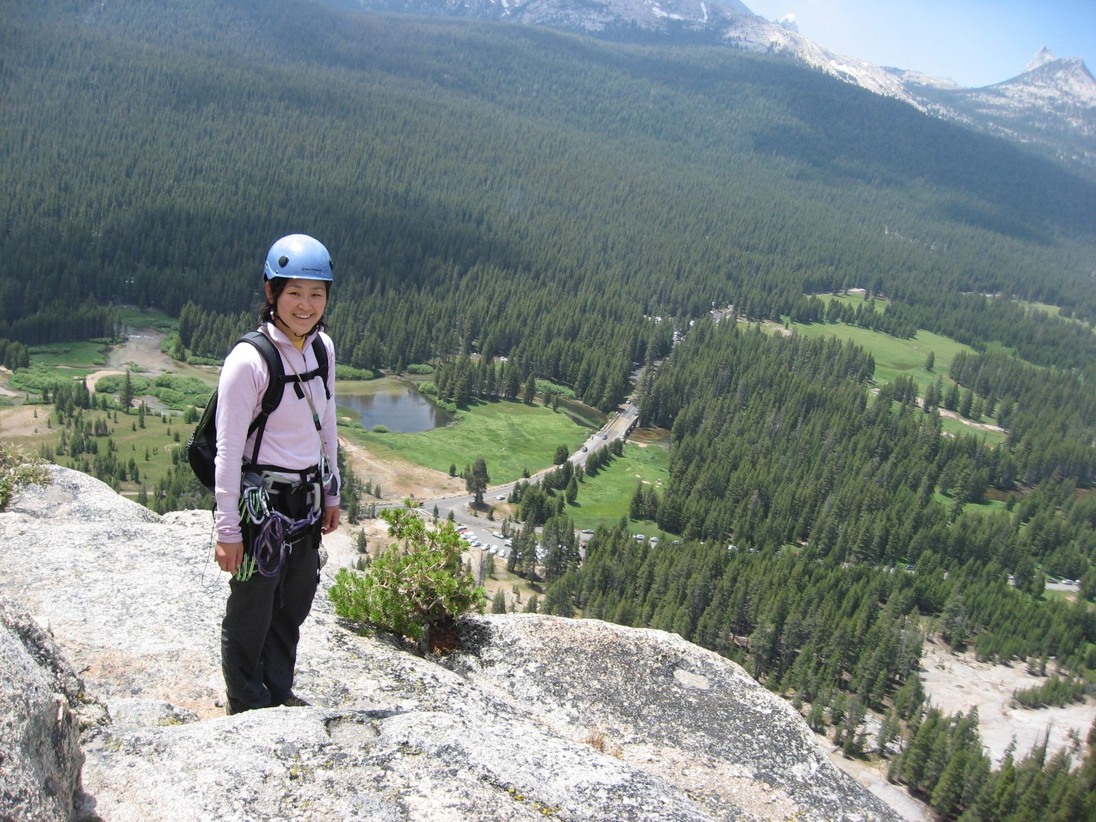 We reached a nice flat ledge with a view. Tuolumne meadows is in the distance, and Cathedral...