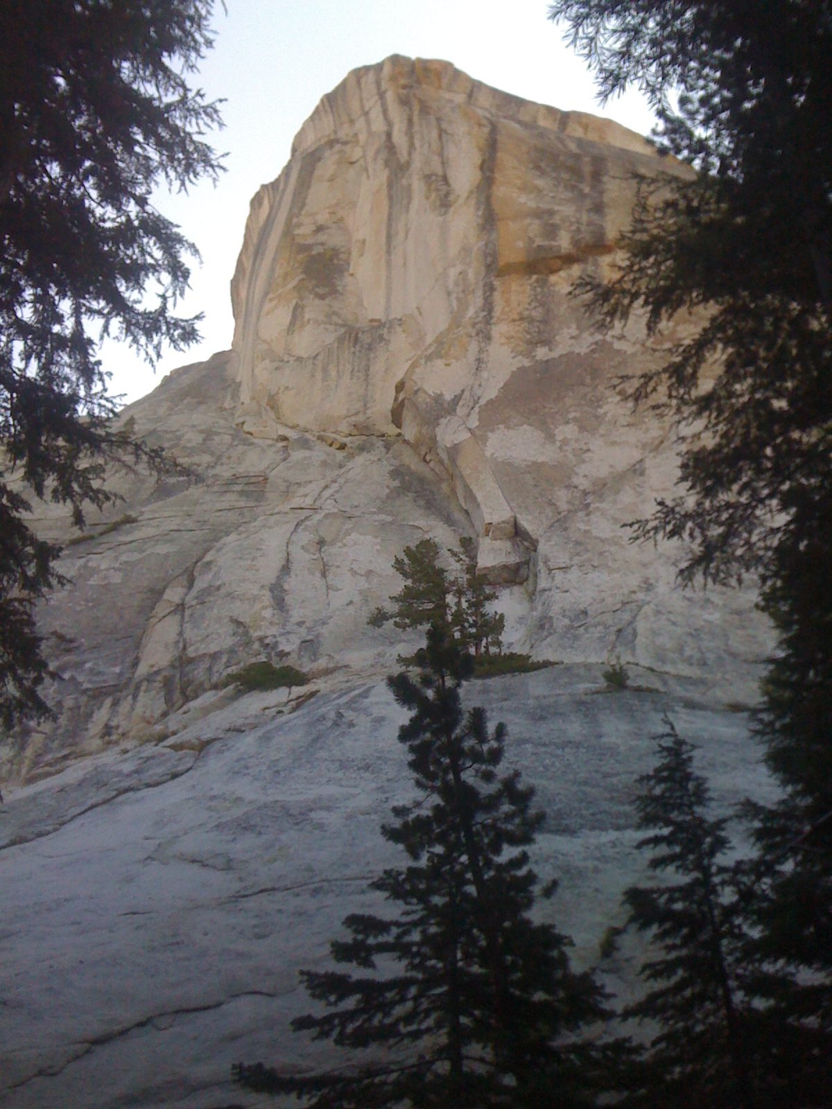 The imposing west face of DAFF Dome, stretching 700 feet above us. Cooke Book (5.10a) is the...